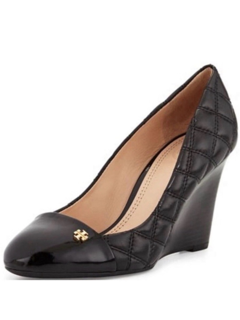 Tory Burch Black Quilted Leather Wedge Pumps with Gold Logo